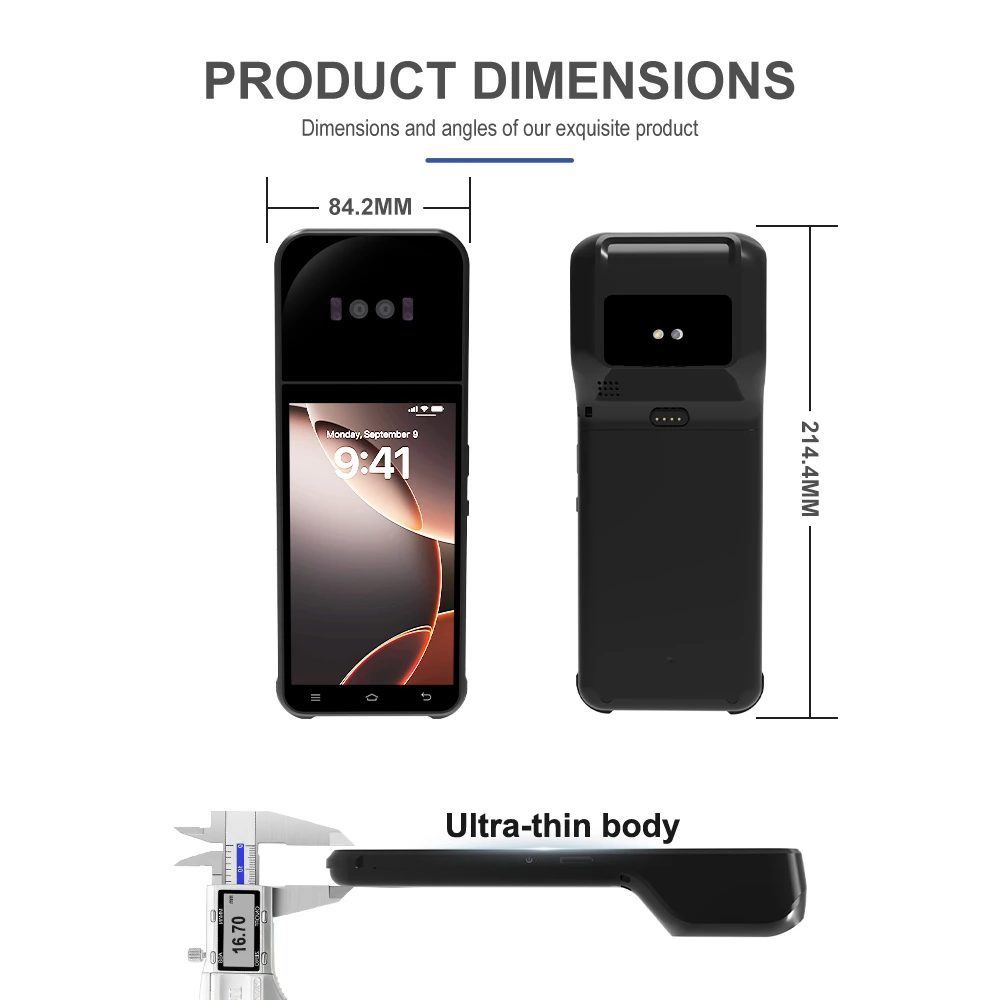 Vega P1 front, side and back view with technical dimensions in millimetres